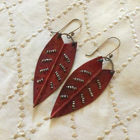 Large Dangly Artisan Rust + Silver Copper Metalwork Beaded Leaf Earrings - Picture 2 of 8